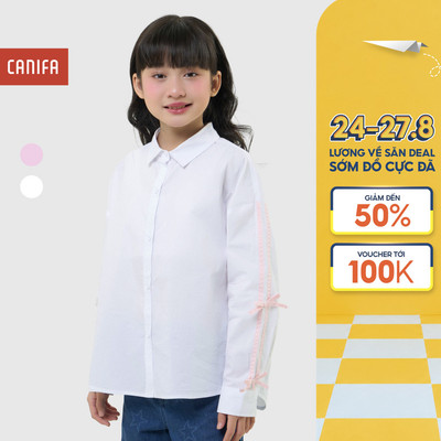 Áo sơ mi bé gái CANIFA dài tay cổ đức phối nơ họa tiết kẻ 1TH25W001