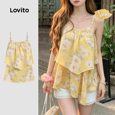 (New Arrival) Lovito Áo kiểu Boho hai lớp xếp ly họa tiết dành cho nữ mùa xuân/hè TKB198P1D481