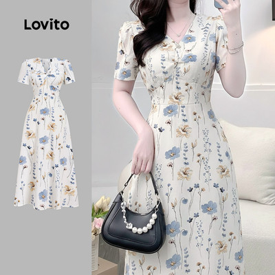 (thanh lịch) Lovito Váy Trắng Nữ Mùa Xuân/Hè In Hoa buộc thắt L177ED381