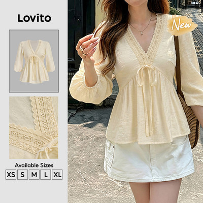 (New Arrival) Lovito Áo sơ mi nữ phong cách nghỉ dưỡng mùa Xuân/Hè màu mơ thiết kế buộc dây dáng rộng BLK8TD257