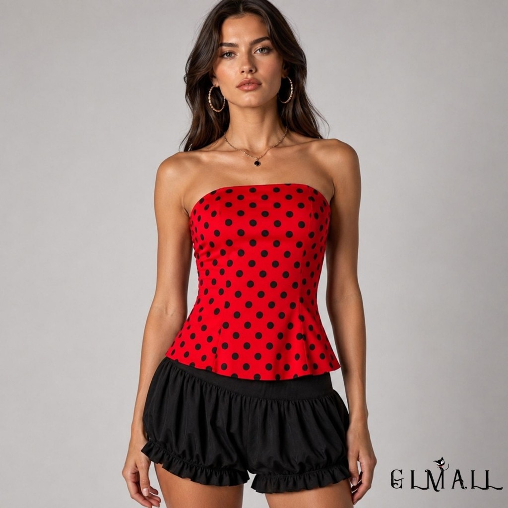 GML-Áo không dây mùa hè dành cho nữ Áo ống mỏng vừa vặn in chấm thời trang