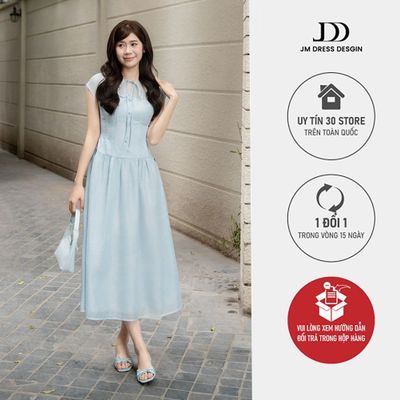 Đầm Xuân Hè Cổ Tròn Vai Chờm, Chân Nhún 1S08.2601. Đầm Midi Dáng Dài Xòe Nữ Tính Dự Tiệc Thanh Lịch Công Sở Thiết Kế JM