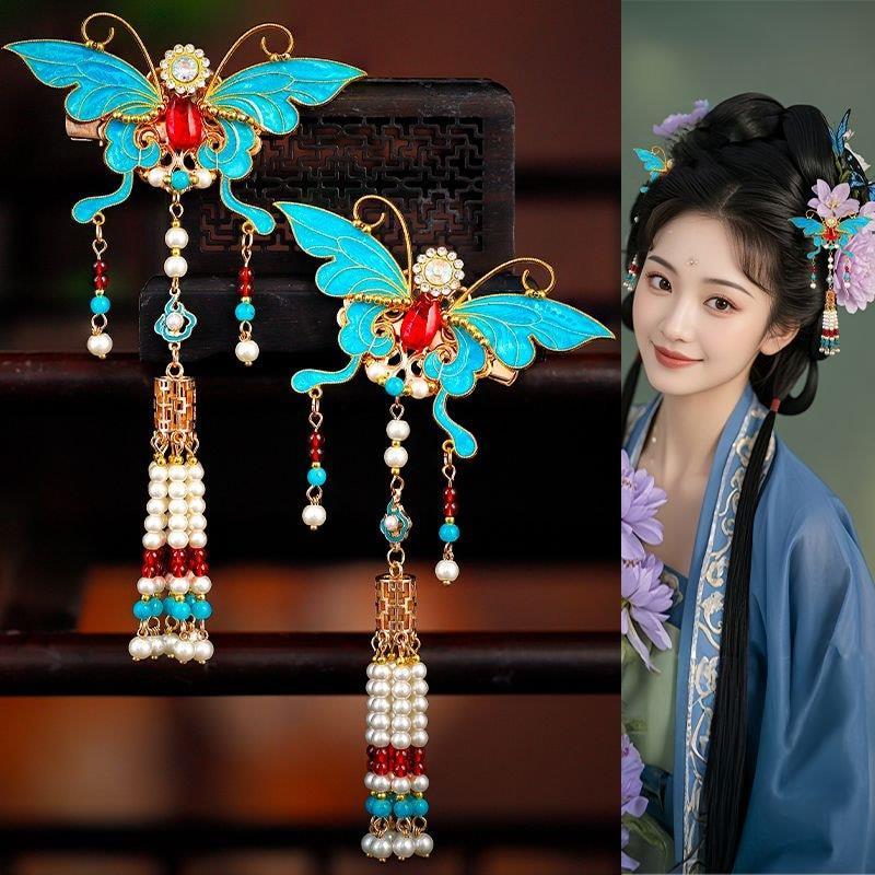 Bướm Xanh Tua Rua Bên Kẹp Giả Đốt Tóc Xanh Phụ Kiện Ming Made Hanfu Cloisonne Phụ Kiện Tóc Phong Các