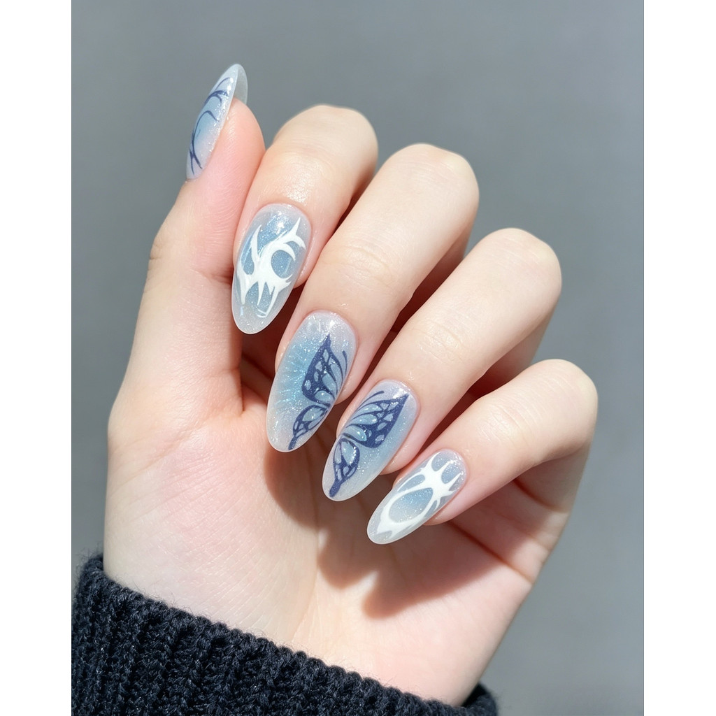 New Blue Butterfly Minimalist Long Handmade Press On Nails 00099