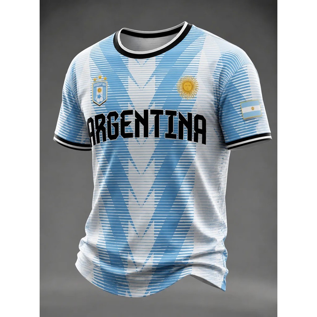 Argentina 3 sao Sun of May Chevron Line Graphic Áo thun nam, Sky Blue White Short, Casual Crew Neck 