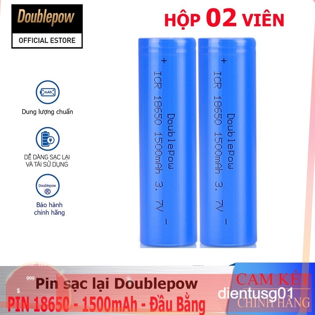 [Hộp 02 viên] Pin sạc Lithium 18650 - 1500mAh đầu bằng Doublepow, pin dung lượng thực