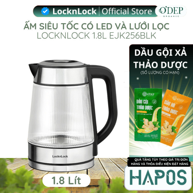 Âm đun siêu tốc thủy tinh LocknLock thép không gỉ có lưới lọc và đèn Led 1.8L EJK256BLK - HAPOS LHL