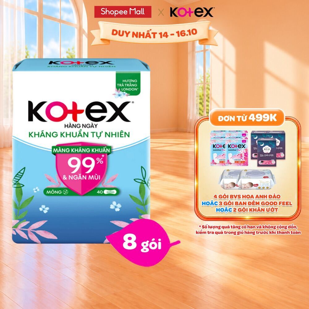 Combo 4/Combo 8 gói băng vệ sinh Kotex hằng ngày kháng khuẩn không cánh (40M/gói)