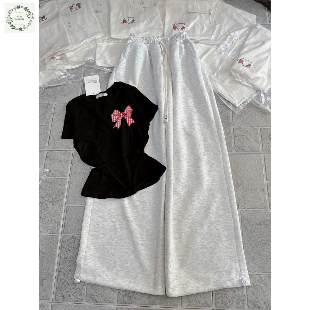 Tổng hợp quần  ống rộng chất da cá xám + mix áo CROPTOP TĂM LẠNH cộc dáng ngắn-NƠ CARO ĐỎ-gonpho