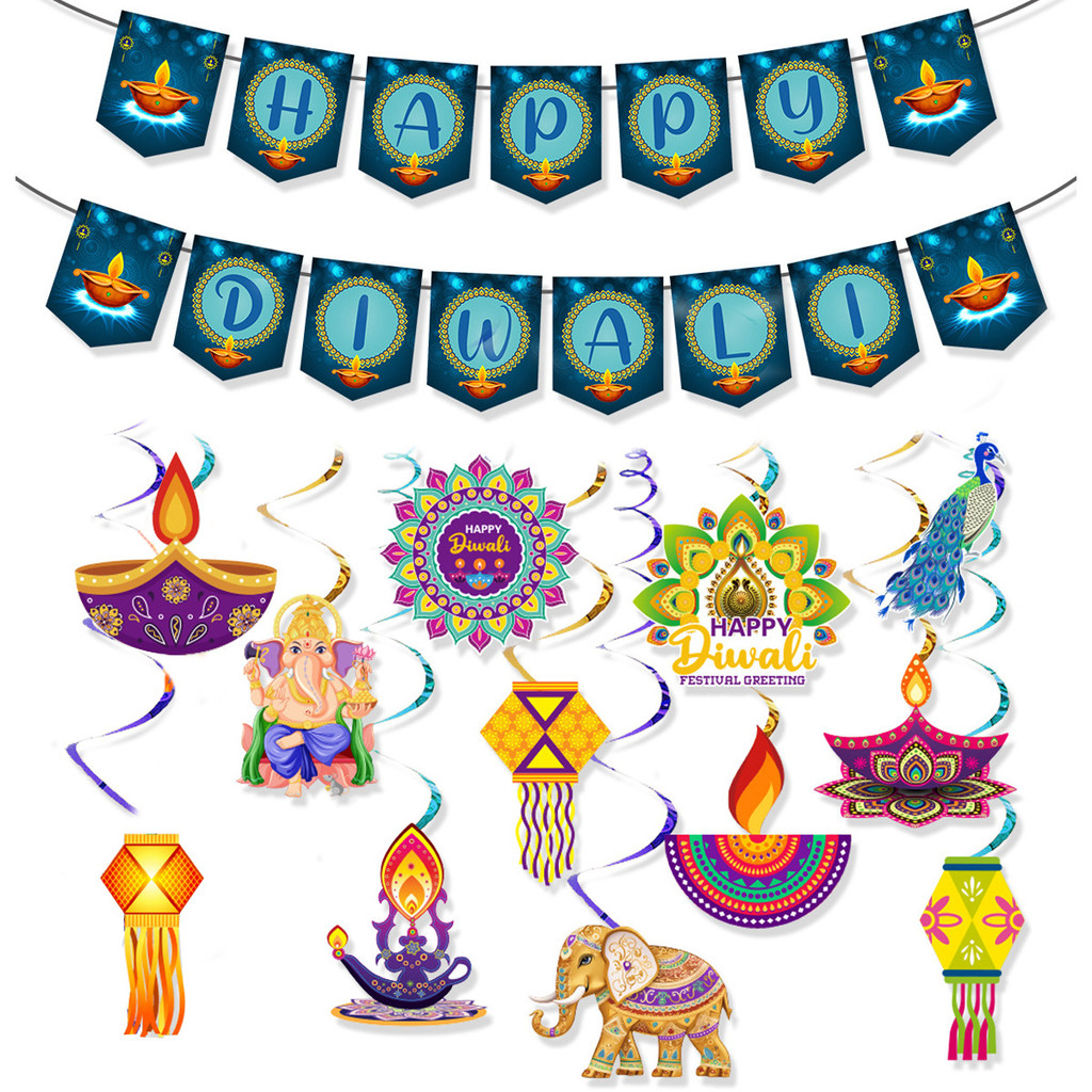Ấn Độ Hàng Ánh Sáng Lễ Hội Chủ Đề Trang Trí Tiệc Màu Xanh Kéo Cờ DIWALI Dovetail Cờ Xoắn Ốc Bộ Bán B