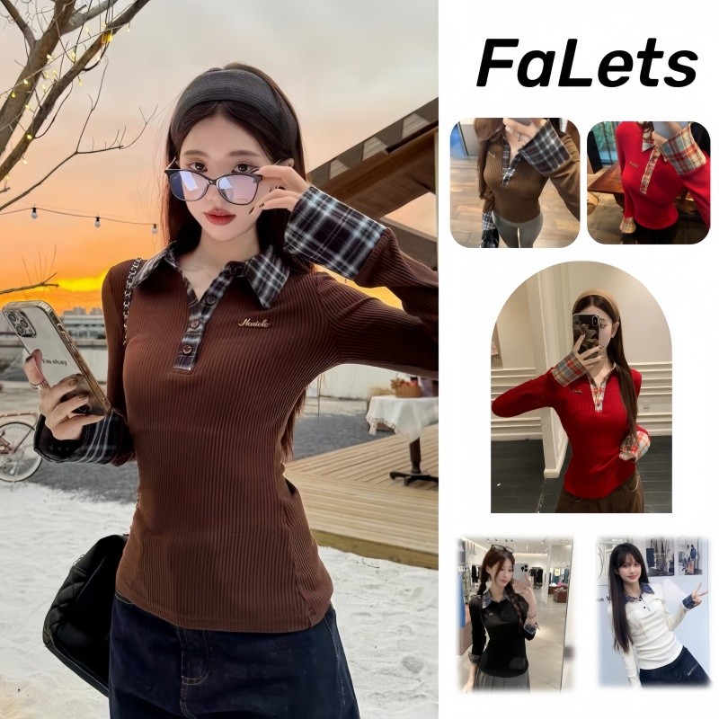 Áo Polo tết giáng sinh thun dài tay nữ giữ ôm body baby tee Thời Trang Kiểm Tra Top Nữ Thu Đông Phong Cách Mới Khâu