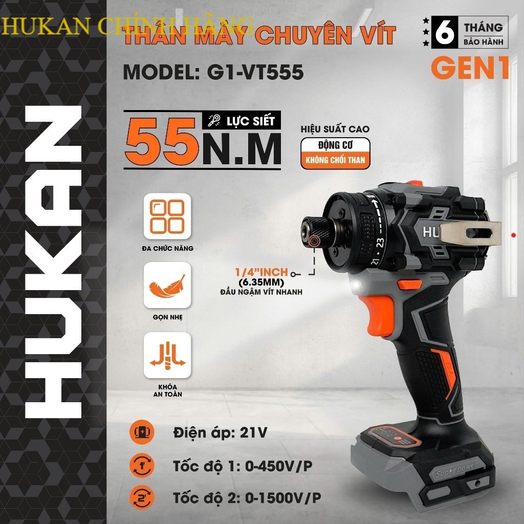 Thân Máy Chuyên Vít HUKAN G1-VT555 (Gen1) – Pin 21V, Lực Siết 55N.m, 2 Tốc Độ HUKAN CHÍNH HÃNG