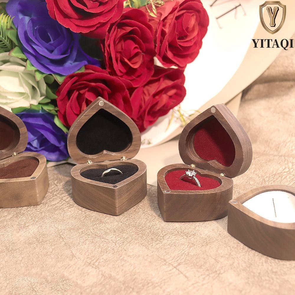 Hộp đựng nhẫn trái tim YITAQI, Hộp nhẫn gỗ óc chó chống va chạm đám cưới, Hộp đựng đề xuất di động 1