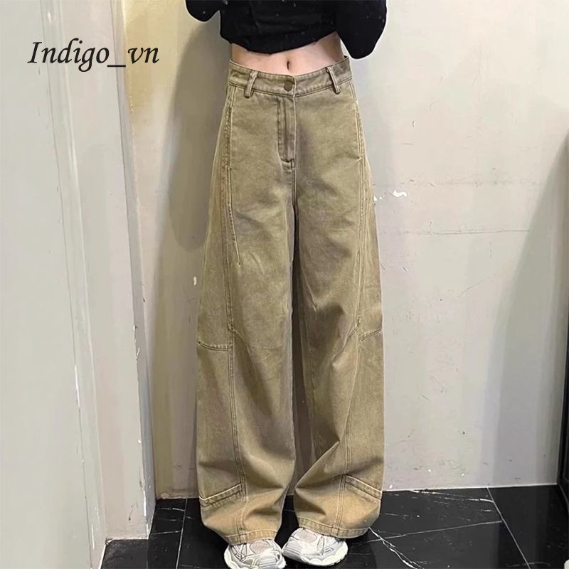 【Indigo】 Quần Jean Yếm Khâu Kaki Quần Dài Ống Đứng Cạp Cao Cho Nữ