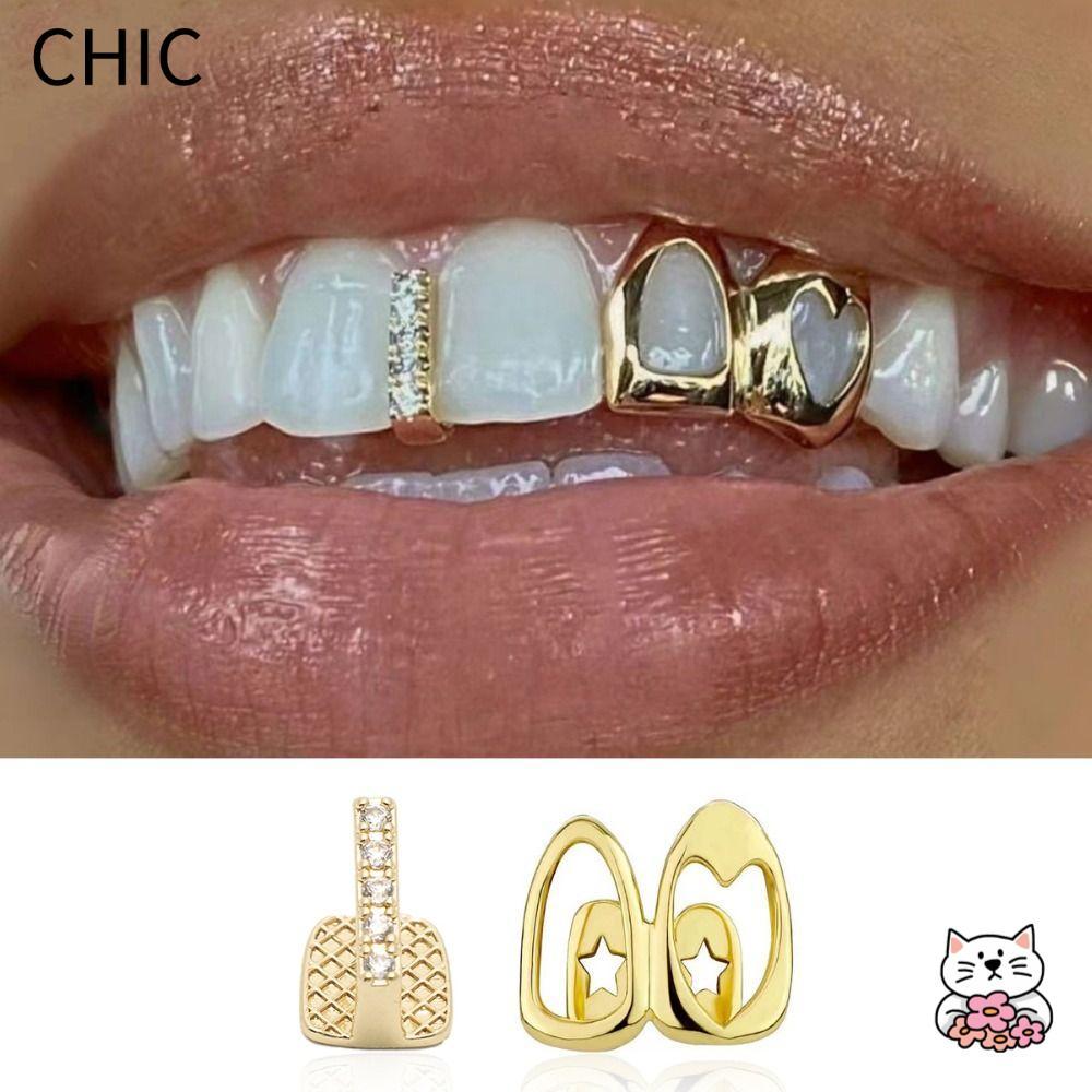 CHIC Grillz, Màu Vàng Trái Tim Rỗng Hip Hop Răng Grillz, Đôi Trái Tim Đồng Sáng Bóng Răng Mũ Trang S
