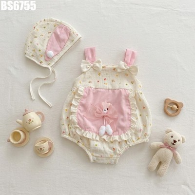 Body Bé Gái Hoa Nhí Phối Yếm Hồng Túi Bèo Mũ Tai Thỏ Mềm Thoáng Đáng Yêu Chụp Ảnh MINTSCLOSET BS6755