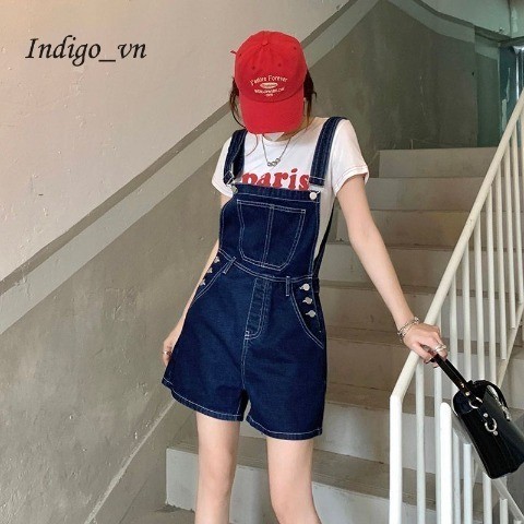 【Indigo】 Quần Yếm Denim Rộng Rãi Cổ Điển Quần Short Denim Rộng Rãi Cho Nữ