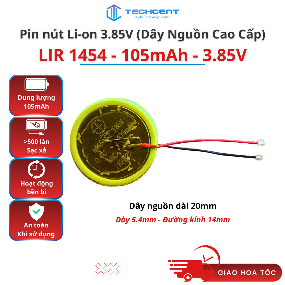 Pin Li-ion LIR 1454 3.85V 105mAh Có Dây | Pin Thay Tai Nghe Bluetooth TWS, Thiết Bị Mini