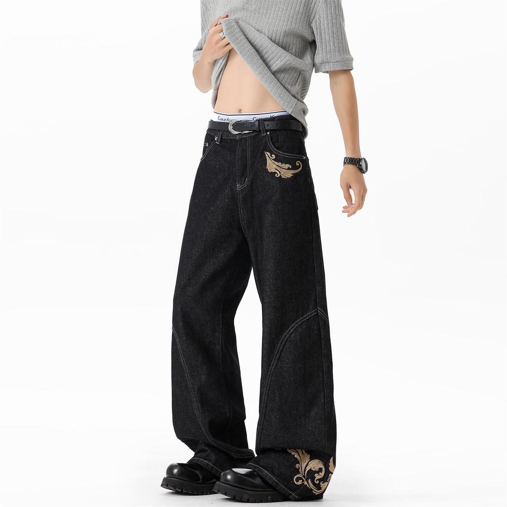 Sợi Vàng Thêu Bò Đen Micro-Lap Quần Jean Nam cleanfit Mỹ Retro Tiền Cũ Phong Cách Giải Cấu Trúc Rời 