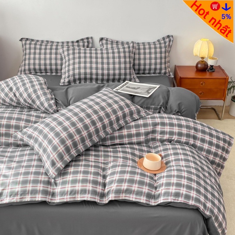Bộ ga trải giường VN-2 Store 4 mảnh Trái tim kẻ sọc (8 màu) Kẻ sọc xám khói