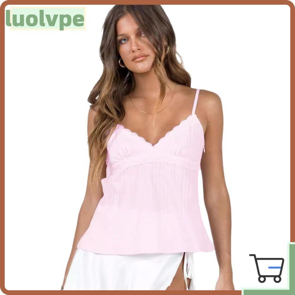 LUOLVUO Nữ Cami Top, Dây Đeo Spaghetti Màu Trơn Tank Top, Thời Trang Ruffle Viền Viền loe Nhẹ Spaghe
