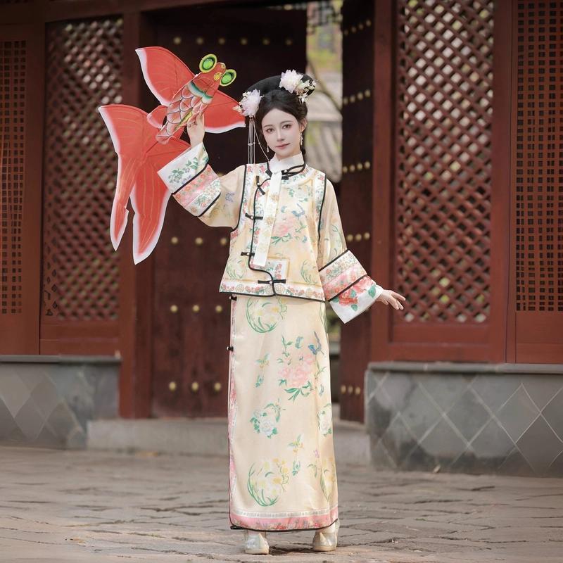 [Cuối Thanh] Hanfu Nữ Nhà Thanh Trang Phục Công Chúa Kiểm Tra Quần Áo In Hình Trang Phục Cổ Áo Thời 