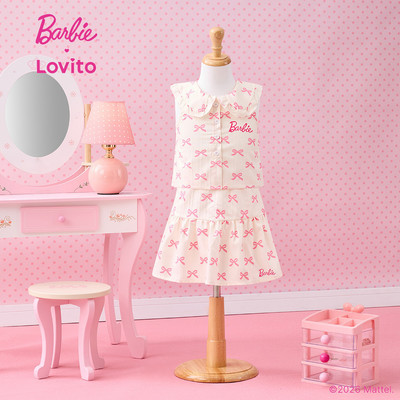 Barbie™ X Lovito Kids Bộ váy dễ thương xếp li nút jacquard xuân/hè bộ váy màu hồng cho bé gái KSBL4PAD035