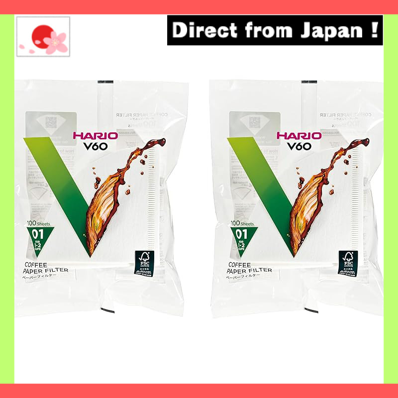 HARIO V60 Paper Filters, White, for 1-2 Cups, Made in Japan, VCF-01-100W, 100 Sheets per Pack, Set o