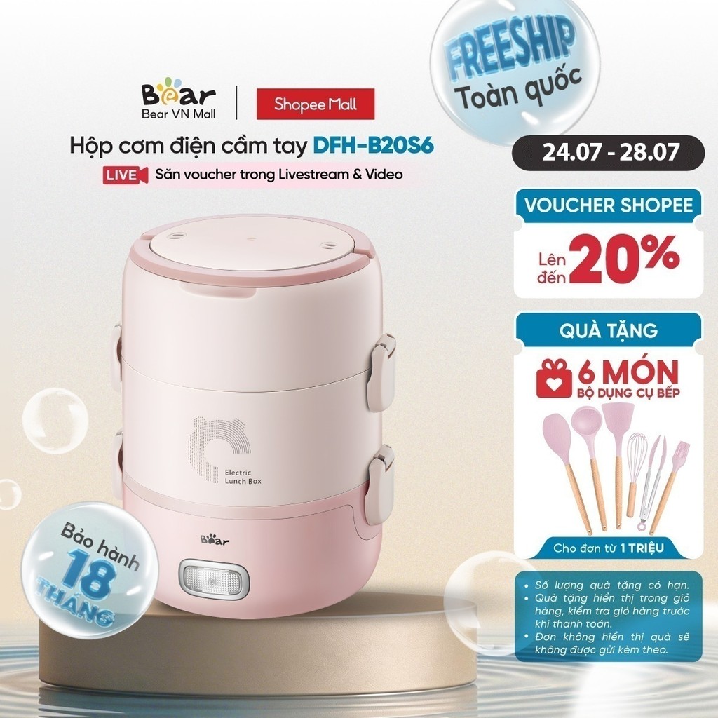Hộp cơm điện cầm tay đa năng Bear DFH-B20S6 - Hàng chính hãng - Bảo hành 18 tháng
