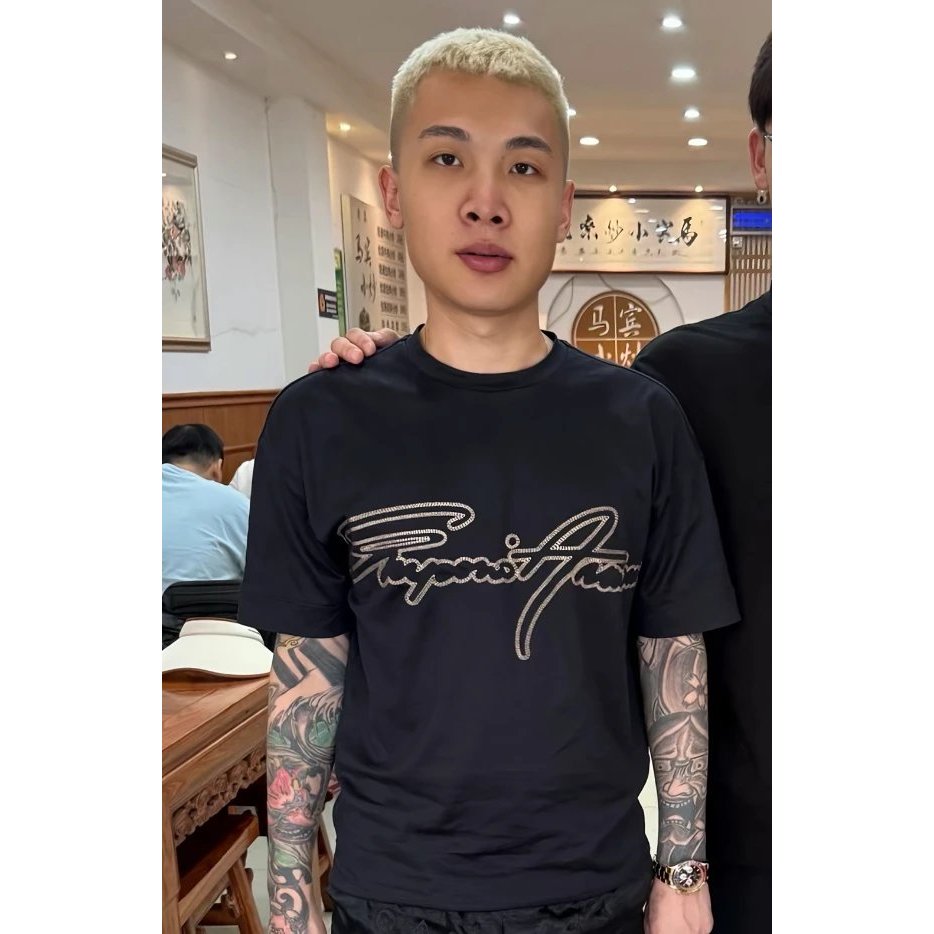 [️] Nhãn Vàng Armani Sáu Tay Ngắn Armani Thêu Ngắn Tay Vải Cotton Ba Nhãn Hoàn Chỉnh Nhãn Vàng Arman