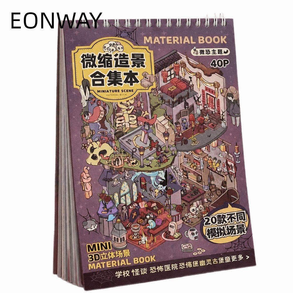 EONWAY Nhãn dán cảnh thu nhỏ, Chủ đề PET Die Cut Scenery Sticker Book, 20 cảnh DIY Cabin Dán Quà tặn