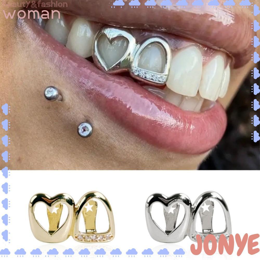 JONY Răng Trang Sức, Đồng Sáng Bóng Zircon Hip Hop Răng Grillz, Trái Tim Rỗng Màu Vàng Đôi Trái Tim 