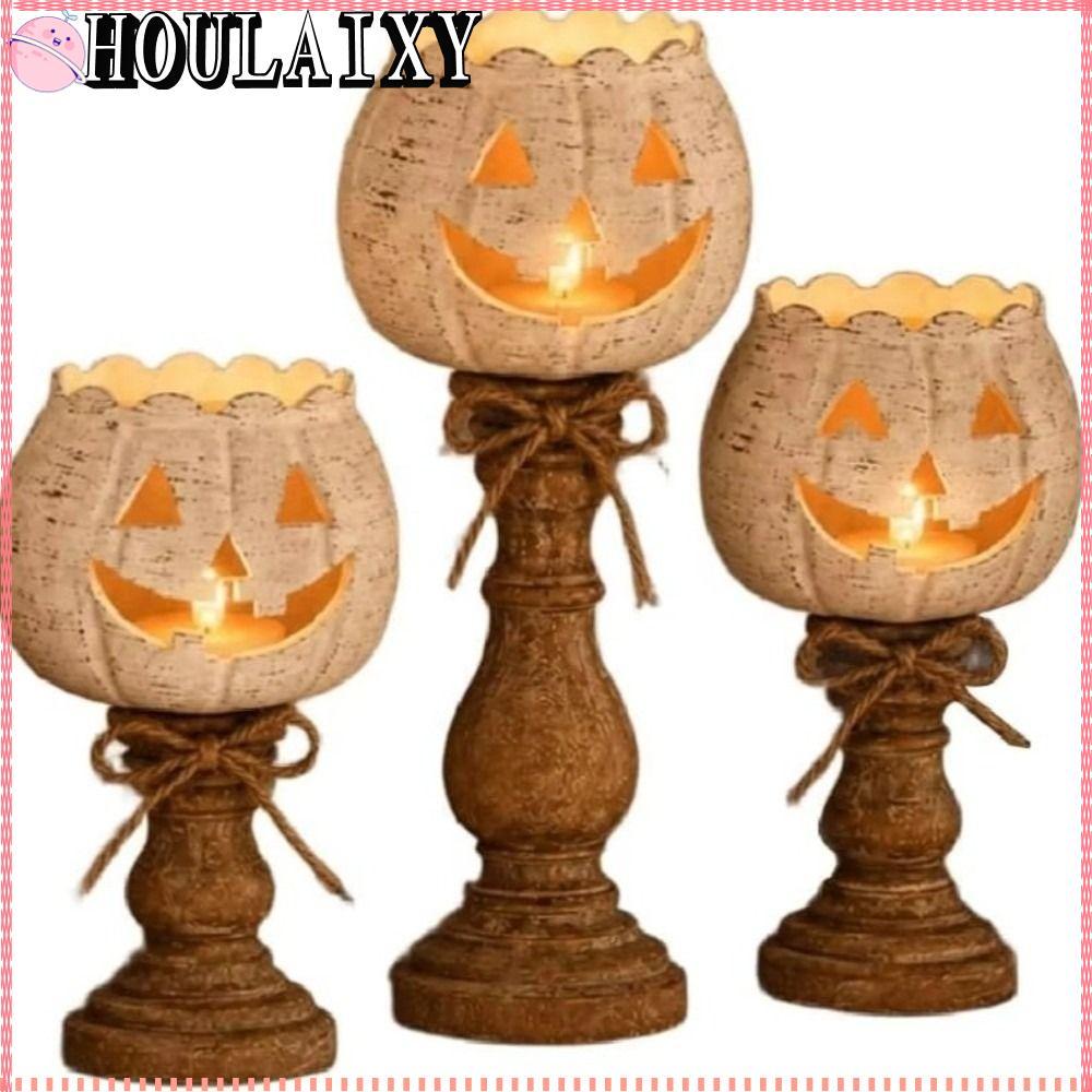 HOULAIXY Pumpkin Tealight Candle Holder, Cutout Face Retro Pumpkin Tealight Holder, Wood-Look Base S