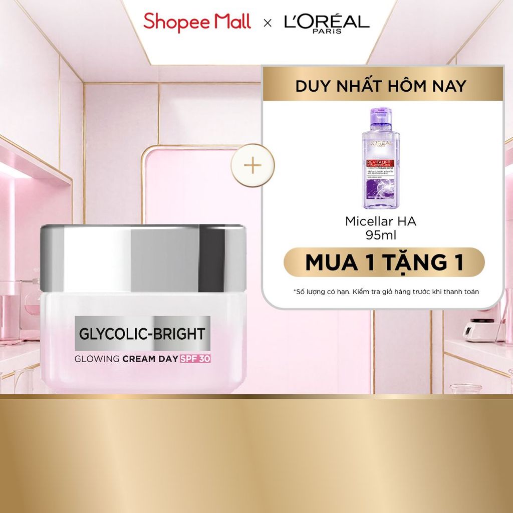 Kem dưỡng ban ngày dưỡng sáng mịn & mờ thâm nám L'Oreal Paris Glycolic (AHA) Bright [Glycolic + Niacinamide] SPF 30 50ml