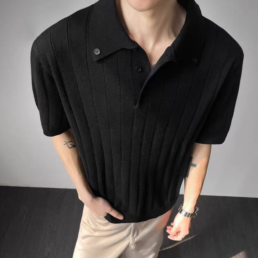 Ice Silk Cool Feel Old Money Style Henry Collar Button Pit Stripe Áo thun ngắn tay nam nữ mùa hè POL