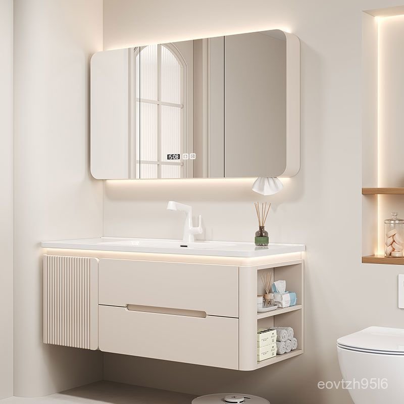 Tủ lavabo gỗ sồi bo góc hiện đại, bộ tủ chậu sứ cao cấp bền đẹp sang trọng