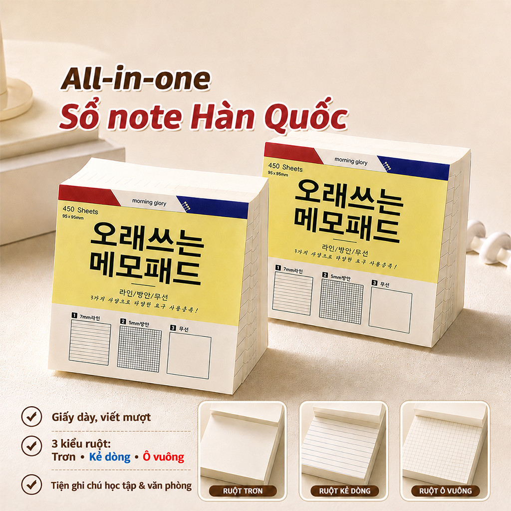Set 450 Tờ Giấy Note 85x85mm, Giấy Ghi Chú Vuông, 3 in 1 (Trắng/Kẻ Ô/Kẻ Ngang), Đa Năng Tiện Lợi Cho