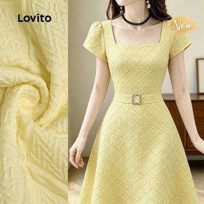 (New Arrival) Lovito Đầm nữ màu vàng nhạt xuân hè thanh lịch thắt lưng khóa đá rhinestone tinh tế DRB199P2D388