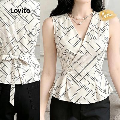 (New Arrival) Lovito Áo kiểu nữ màu kaki nhạt nhẹ cổ bèo xếp ly buộc dây mùa xuân/hè TKB198P1D638