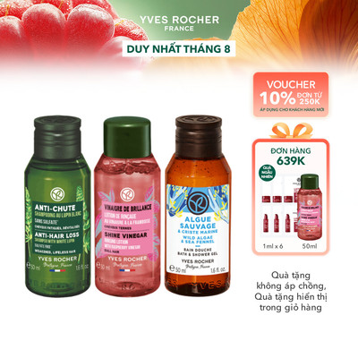 Set 3 mini trải nghiệm Yves Rocher gồm sữa tắm 50ml - dầu gội 50ml - giấm xả tóc 50ml