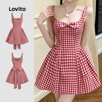 (New Arrival) Lovito Đầm thường ngày màu đỏ trắng mùa xuân/hè với nơ trước nơ sau xếp ly L196ED615