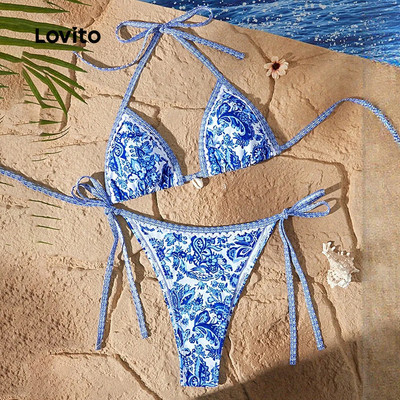 Set bikini nữ Lovito Kỳ nghỉ xanh dương xuân hè LNL126232