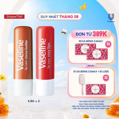 Bộ 2 son dưỡng môi Vaseline dạng thỏi Lip Care: Bơ Ca Cao và Hồng Xinh (4.8g x2)