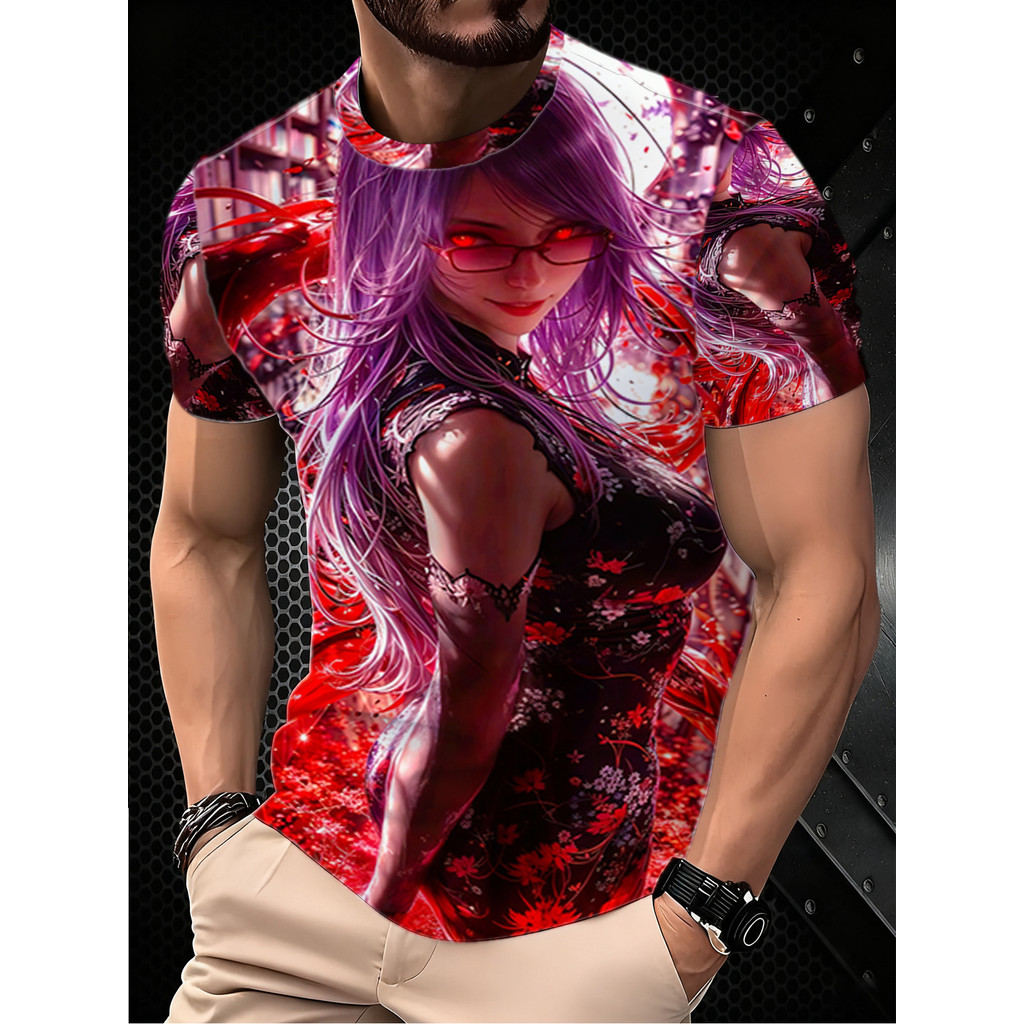 Áo thun nam in kỹ thuật số 3D, Anime Girl Purple Hair Glasses Màu đỏ đậm Họa tiết hoa nghệ thuật Áo 