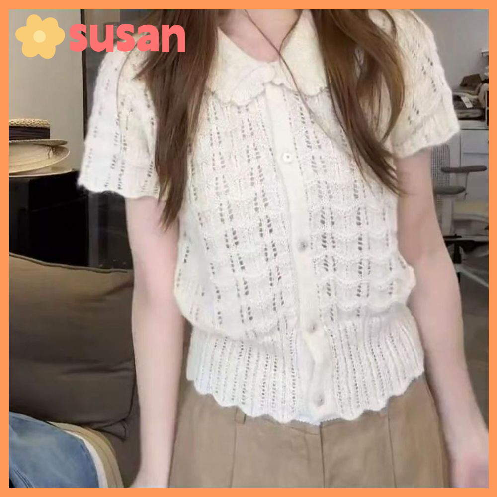 Áo sơ mi dệt kim ngắn tay SUSANSU, Nút kiểu cắt phía trước Áo dệt kim crop Top, Peter Pan Collar Ope