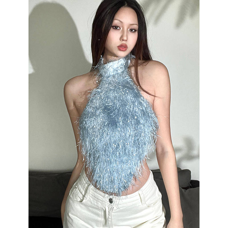 SylCue Hot Girl Nightclub Disco Furry Fringe Dây đeo cổ Sling Schemer Halter Slimer Nhìn không đều Á