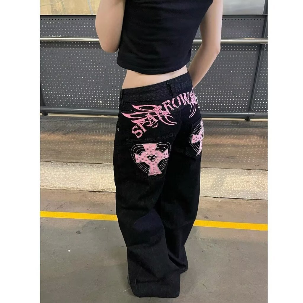 JADED LONDON Âu Mỹ Hợp Thời Trang Phong Cách Retro Cánh Đeo Chéo Nam Nữ Thẳng Ống Rộng Quần Jeans