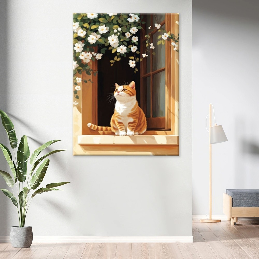 Tranh Canvas Tràn Viền Mèo Vện Cam Ngồi Bên Cửa Sổ Hoa Trắng - Tranh Treo Tường Khổ Dọc Trang Trí Ph
