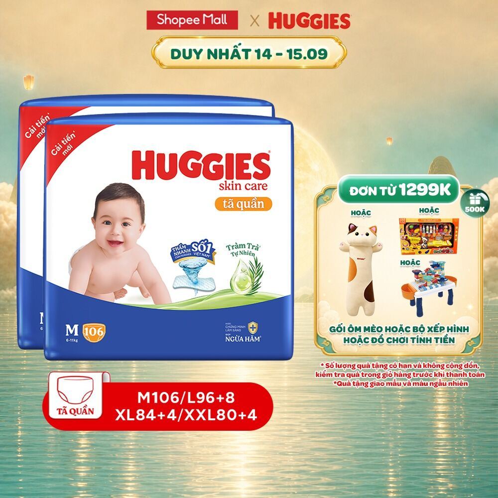 Combo 2 Tã quần Huggies Skincare Mega Jumbo M106/L96+8/XL84+4 với tràm trà dịu da