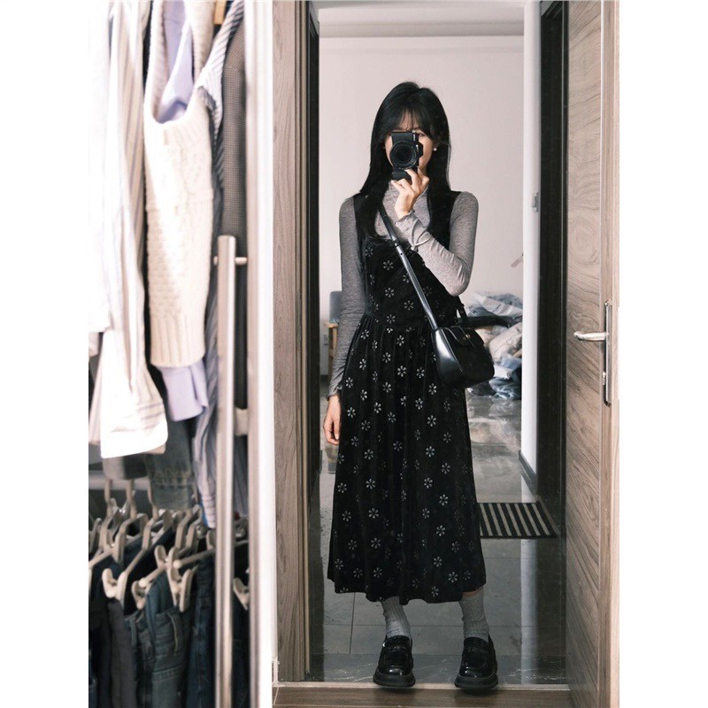 Đầm camisole nhung hoa đen mùa thu đông cho phụ nữ, đầm camisole vintage thanh lịch, đầm dài cơ bản 